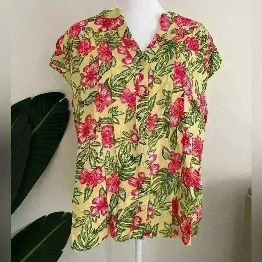 Architect Tropical Button Front Shirt Yellow Size Large Short Sleeve Top V Neck